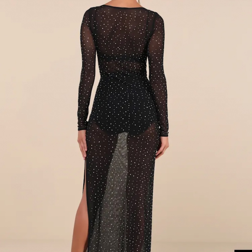 Lulus Daring Sparkle Black Sheer Mesh Rhinestone Maxi Dress - Size L - Picture 2 of 4